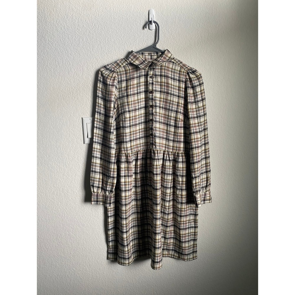 LOFT Women Plaid Cottagecore Shirt Dress Size XSP Cream Dark Academia Preppy